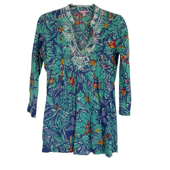 Lilly Pulitzer Beaded Blue Iris Mai Tai Tunic Top Women’s Size XS Pearls Cotton - Picture 2 of 10